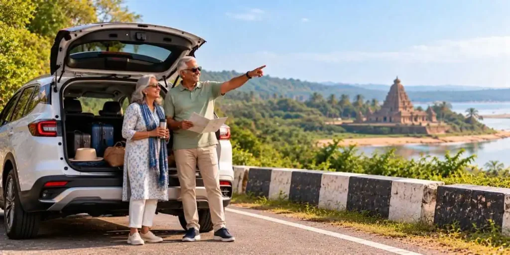 Roadside Temple View with Vintage Travelers