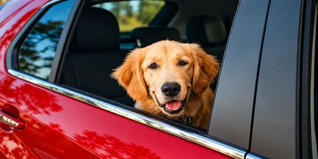 golden retriever in Red Car